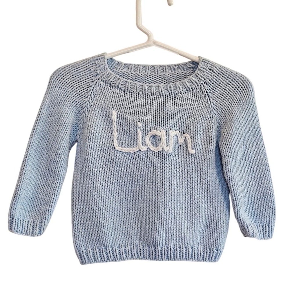Handmade Liam Personalized Chunky Knit Sweater Light Blue Boys Kids Pullover